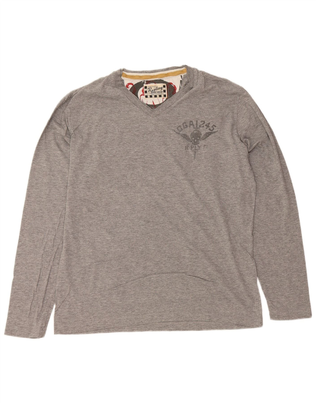 REPLAY Top gráfico para hombre de manga larga de algodón gris grande