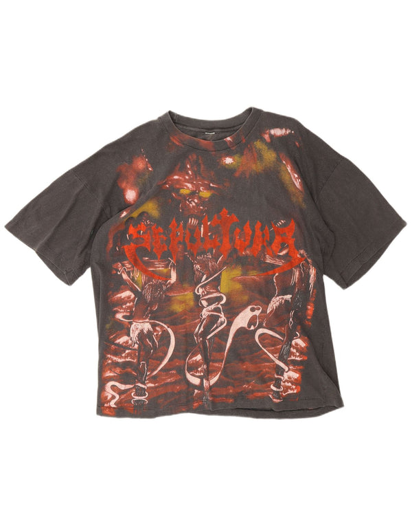 Vintage Hombres Sepulrura 1986 Camiseta Gráfica Top Grande Gris Metal