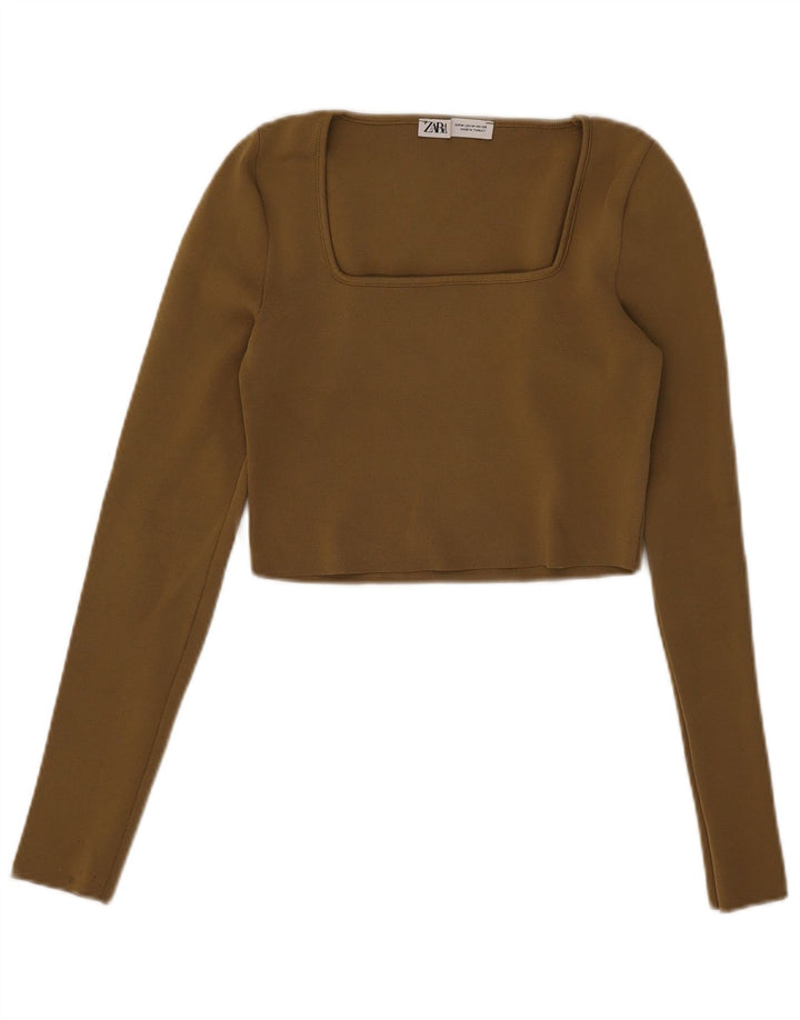 Zara Mujer Crop Top Manga Larga UK 42 Medio Caqui Poliéster