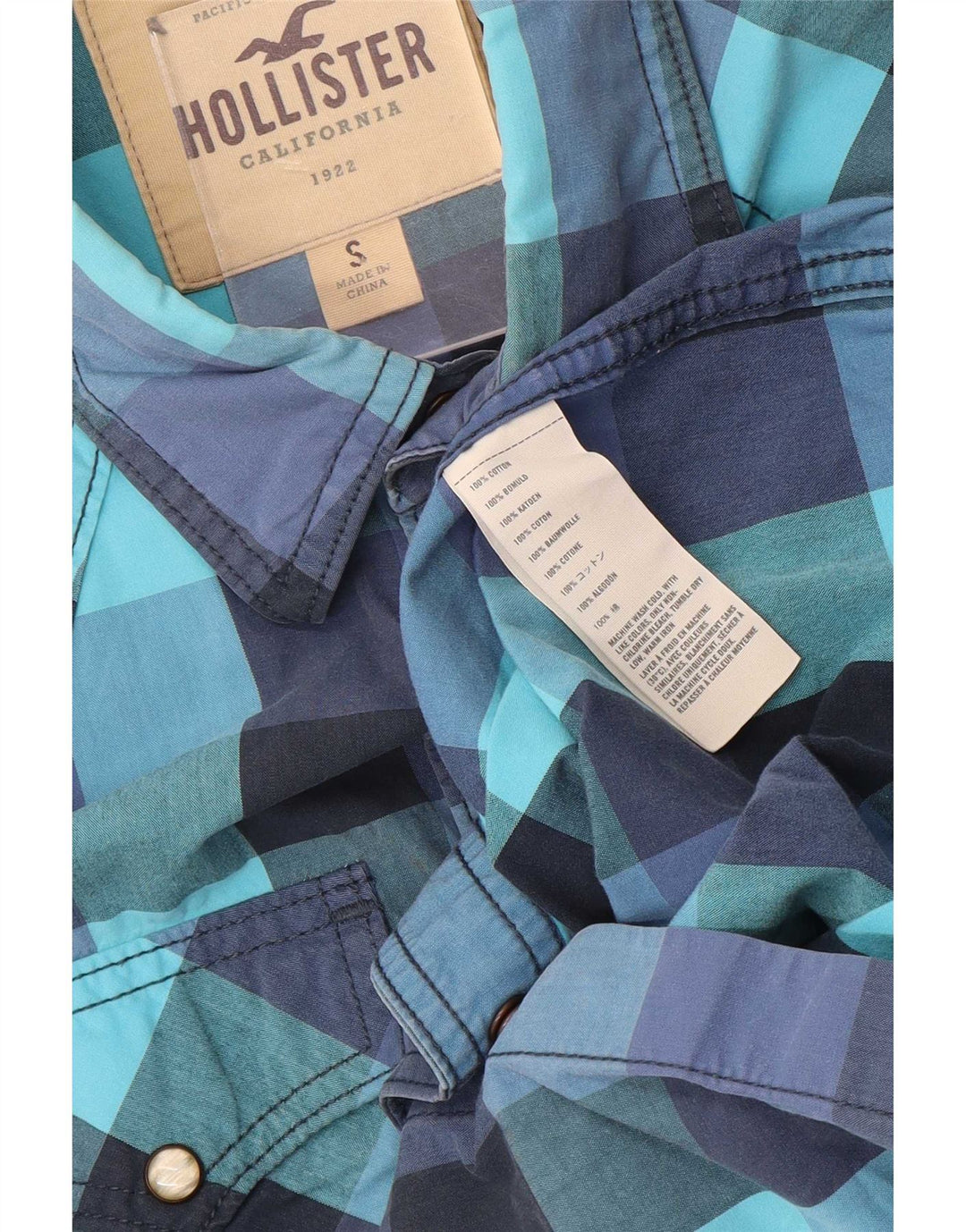 Camisa Hollister Hombre Western Algodón Vichy Azul Pequeño