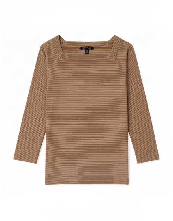 Ralph Lauren Top corto para mujer manga 3/4 Reino Unido 8 Pequeño algodón a rayas beige