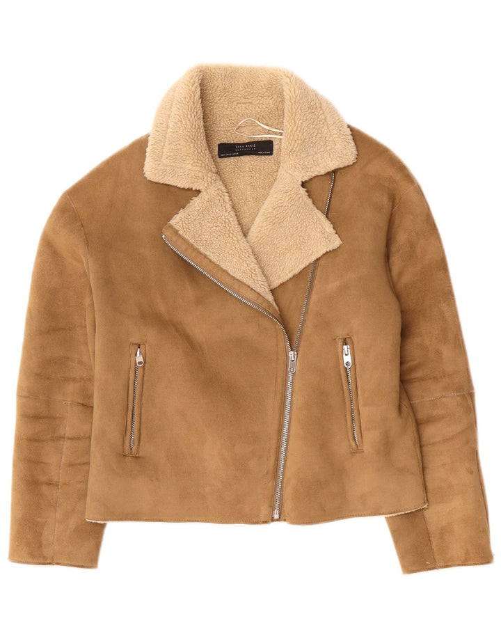 Zara Chaqueta Motera Sherpa de Ante Sintético para Mujer UK 10 Small Beige Poliéster