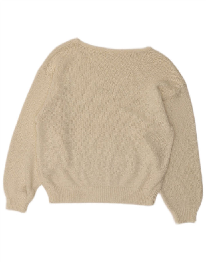 Vintage mujer crop gráfico barco cuello jersey suéter EU 40 medio blanco