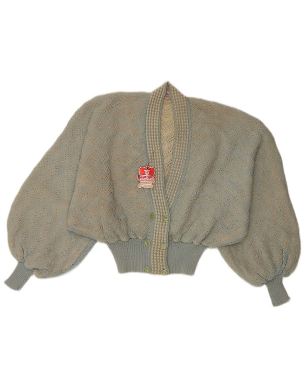 Vintage mujer cultivo doble pecho cardigan suéter Reino Unido 16 azul grande