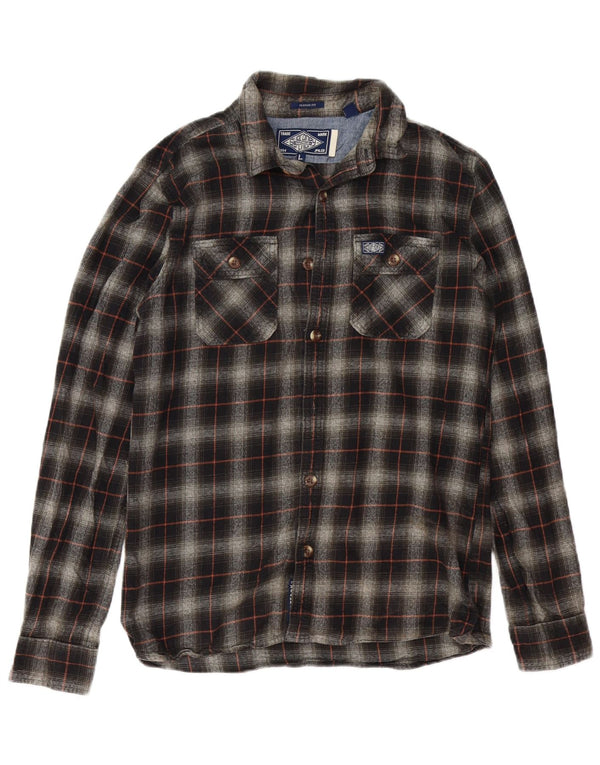 SUPERDRY Camisa de franela de corte clásico de algodón a cuadros negros grandes para hombre