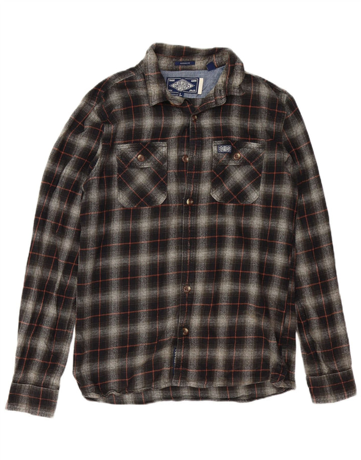 SUPERDRY Camisa de franela de corte clásico de algodón a cuadros negros grandes para hombre