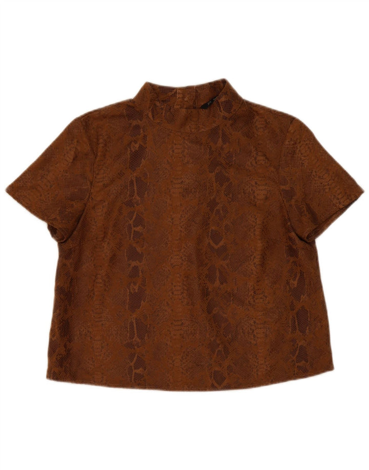 Zara Mujer Blusa Top UK 44 Marrón Medio Estampado Animal Poliéster