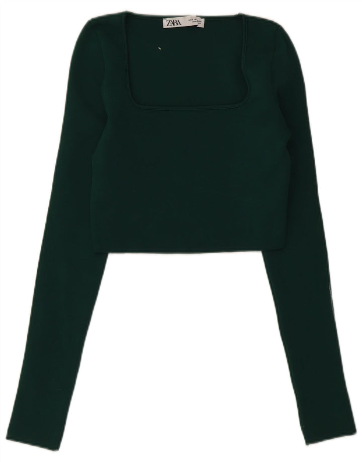 Zara Mujer Crop Top Manga Larga UK 8 Small Verde Poliéster