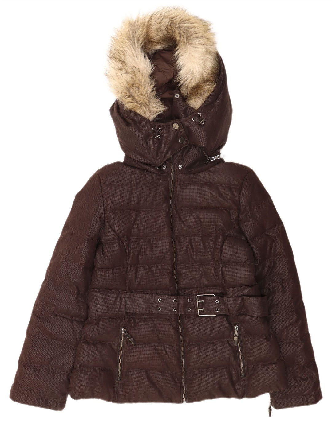 Zara Mujer Chaqueta Acolchada Con Capucha UK 40 Large Marrón Poliéster