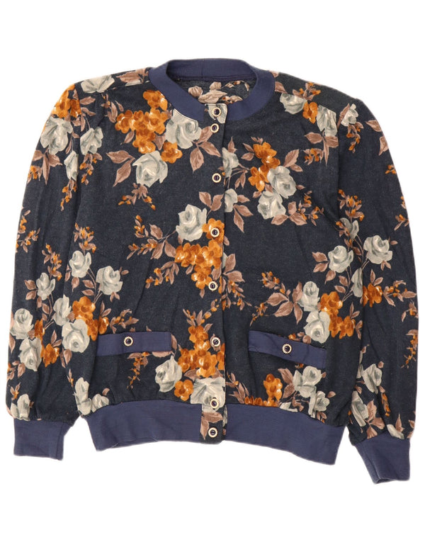 Vintage mujer oversized Cardigan suéter IT 50 XL azul marino floral acrílico
