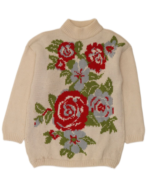 VINTAGE Mujer Longline Turtle Neck Jumper Suéter UK 18 XL Blanco Floral