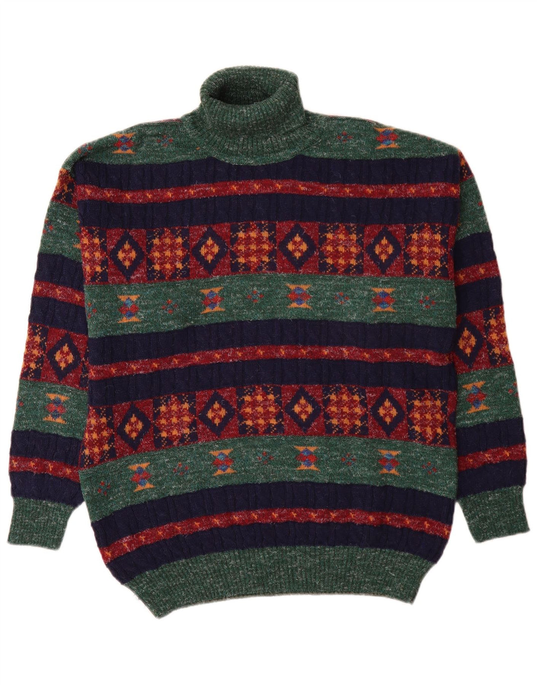 Vintage hombres rollo cuello jersey suéter medio verde geométrico lana de alpaca
