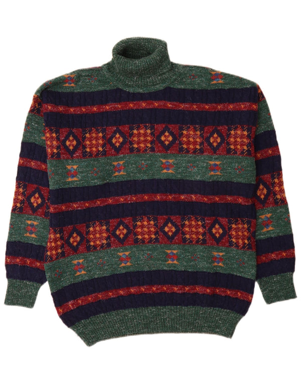 Vintage hombres rollo cuello jersey suéter medio verde geométrico lana de alpaca