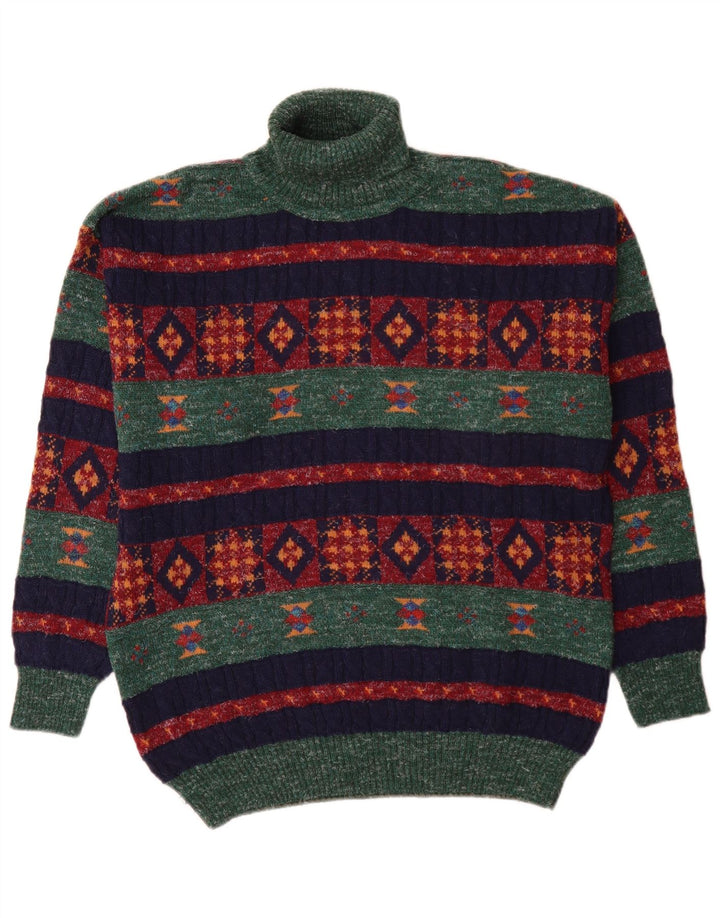 Vintage hombres rollo cuello jersey suéter medio verde geométrico lana de alpaca
