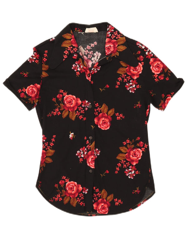 Vintage mujer camisa de manga corta Reino Unido 10 pequeño negro floral