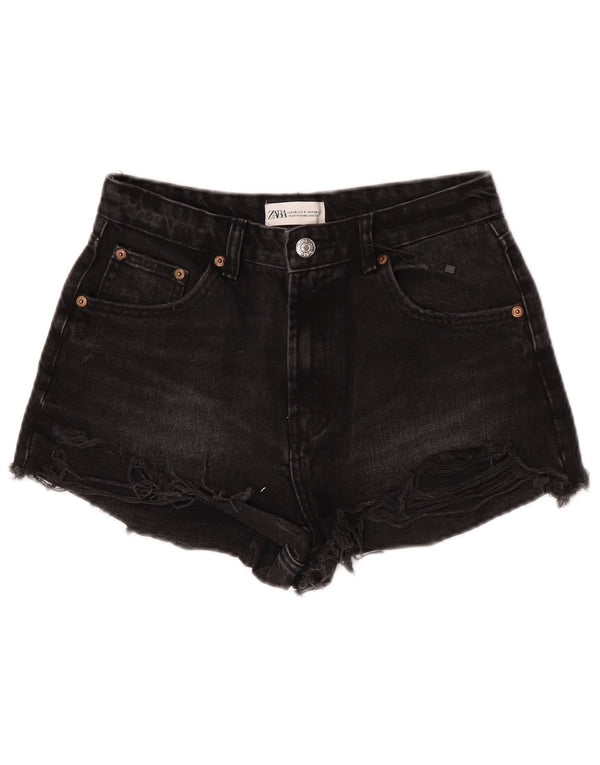 Zara Pantalones cortos de mezclilla desgastados para mujer EU 36 XS W26 Algodón negro