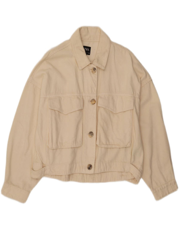 Zara Mujer Crop Chaqueta Vaquera Extragrande UK 46 Grande Algodón Blanco Roto