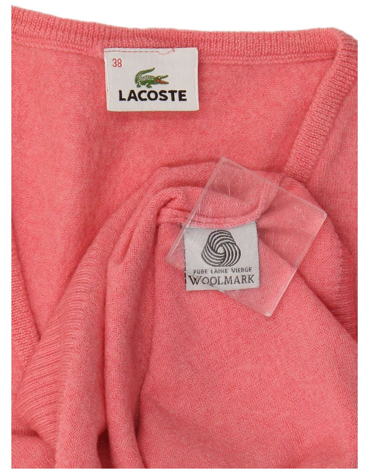 Lacoste Jersey con cuello en V para mujer Talla 38 Lana virgen rosa mediana