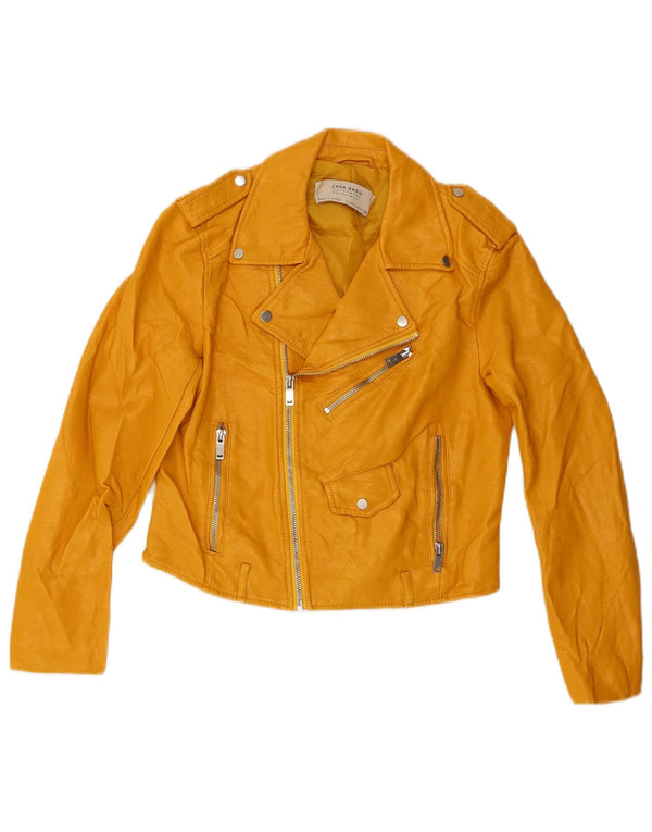 Zara Chaqueta Motera Corta De Piel Sintética Para Mujer UK 10 Small Viscosa Amarilla