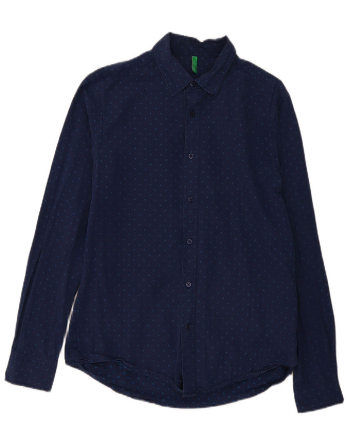 BENETTON Camisa de hombre grande de algodón con lunares azul marino
