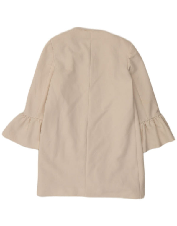 Zara Mujer Chaqueta Americana Larga Abierta UK 10 Small Poliéster Blanco