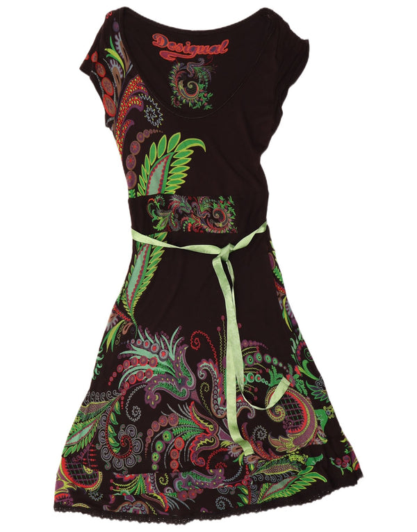 Desigual Mujer Vestido Gráfico A-Line UK 40 Grande Negro Paisley Viscosa