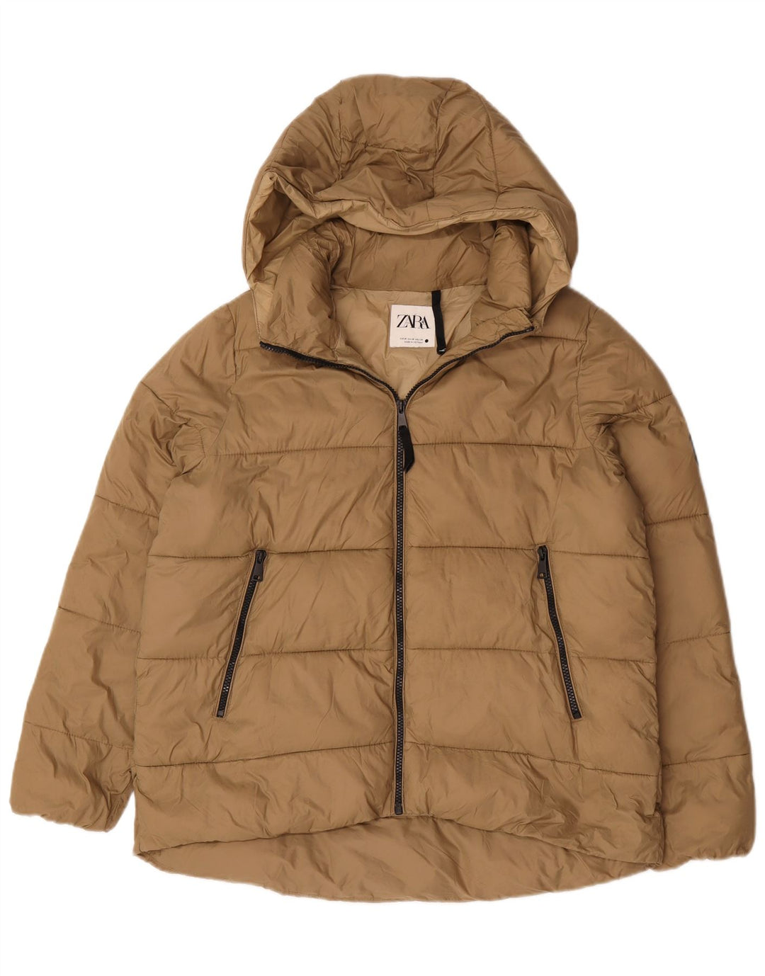 Zara Mujer Chaqueta Acolchada Extragrande Con Capucha UK 44 Medium Beige Nylon