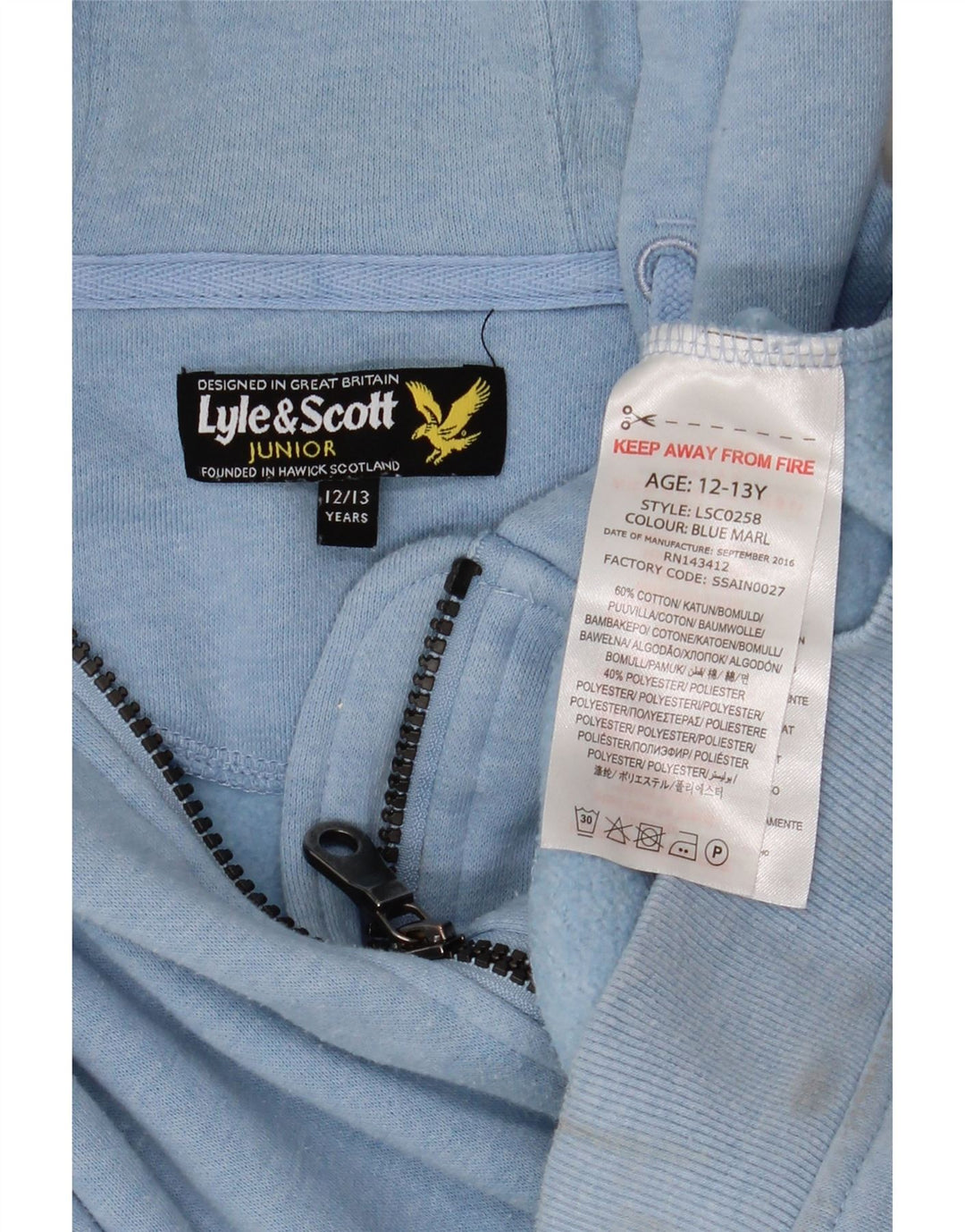 LYLE & SCOTT Sudadera con capucha y cremallera para niño 12-13 años Algodón azul