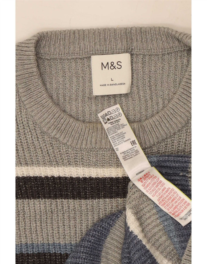 Marks & Spencer - Jersey de cuello redondo para hombre, poliéster a rayas, color gris grande