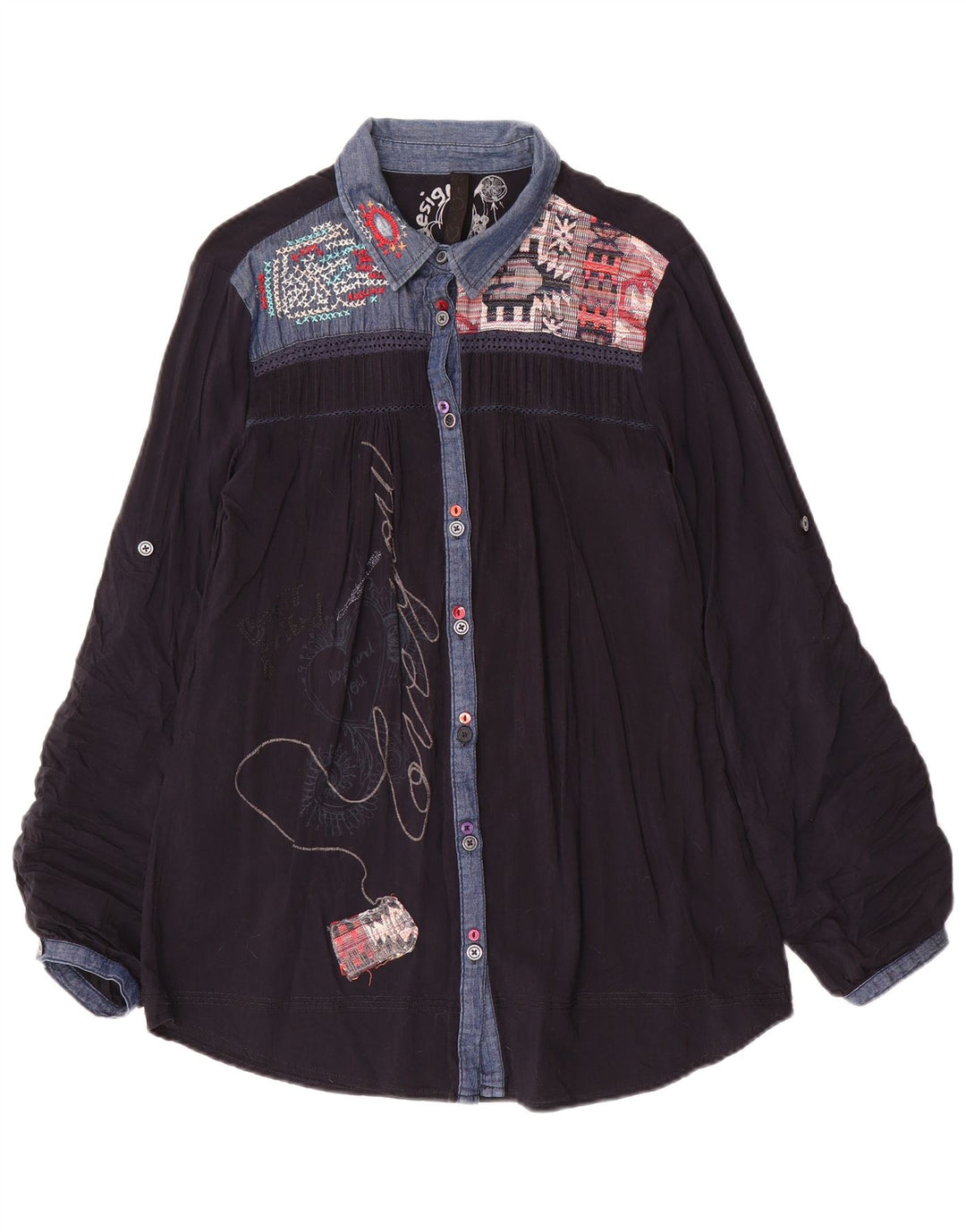 Desigual Blusa camisera gráfica para mujer UK 40 XL Azul marino Patchwork