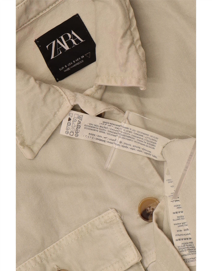 Zara Mujer Crop Denim Chaqueta UK 10 Small Off White Cotton