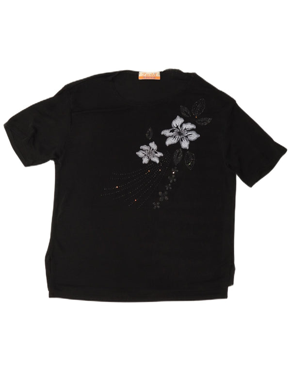 Vintage mujer camiseta top Reino Unido 16 grande negro floral