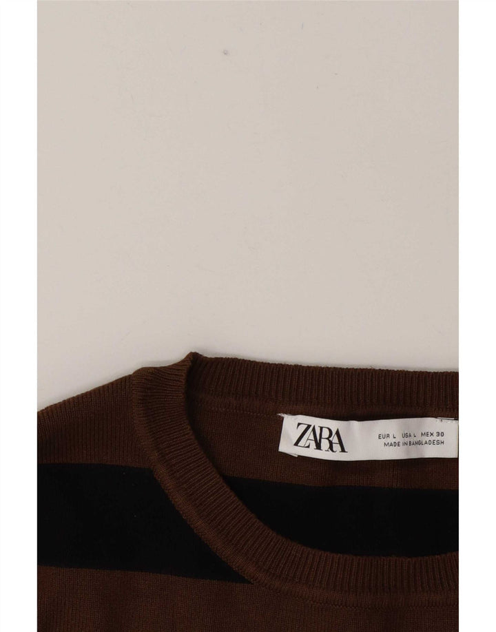 Zara Mujer Crop Blusa Top UK 44 Grande Marrón Rayas