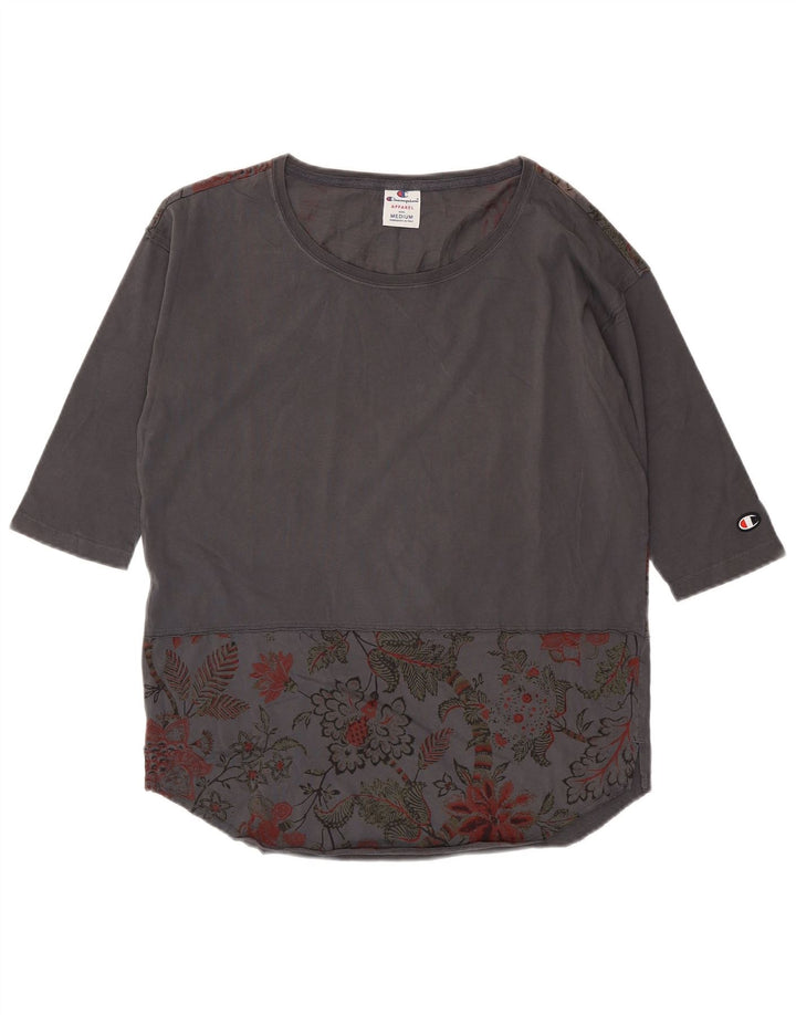 CHAMPION Womens Graphic Top 3/4 Sleeve UK 14 Medium Grey Floral