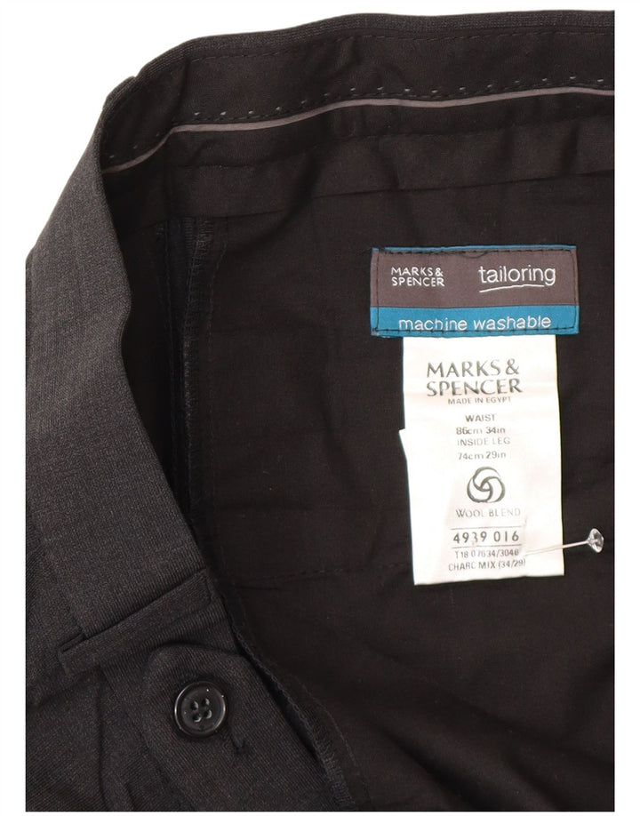 Marks & Spencer Pantalones de traje con pinzas a medida para hombre W34 L29 Poliéster gris
