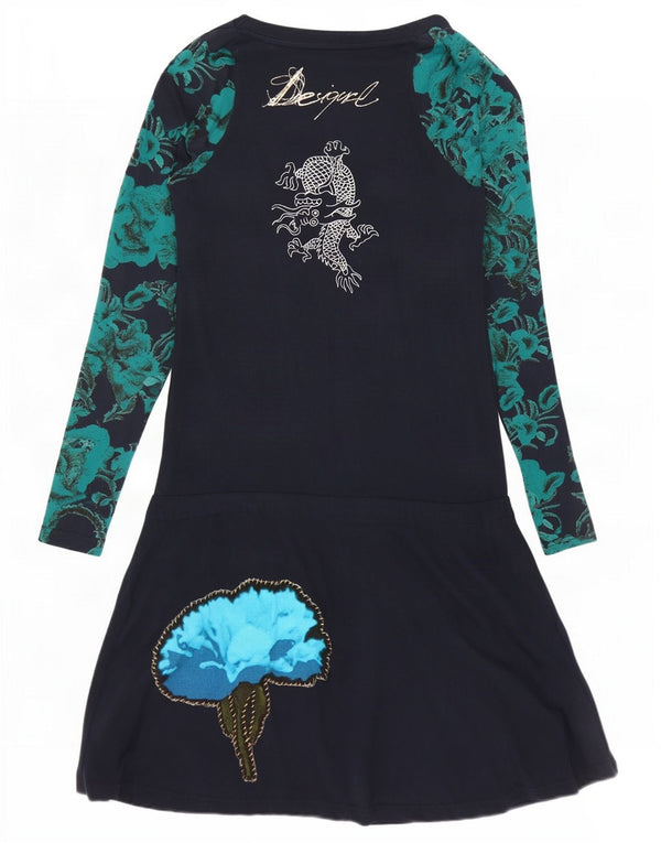 Desigual Vestido de manga larga con cintura caída para mujer UK 40 Medio Azul marino Floral