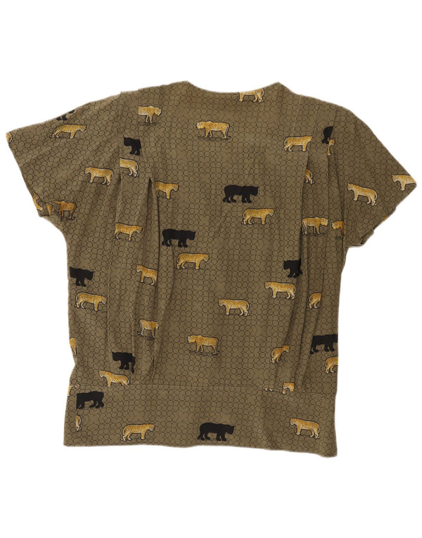 Blusa vintage de manga corta para mujer IT 48 XL Caqui Animal Print
