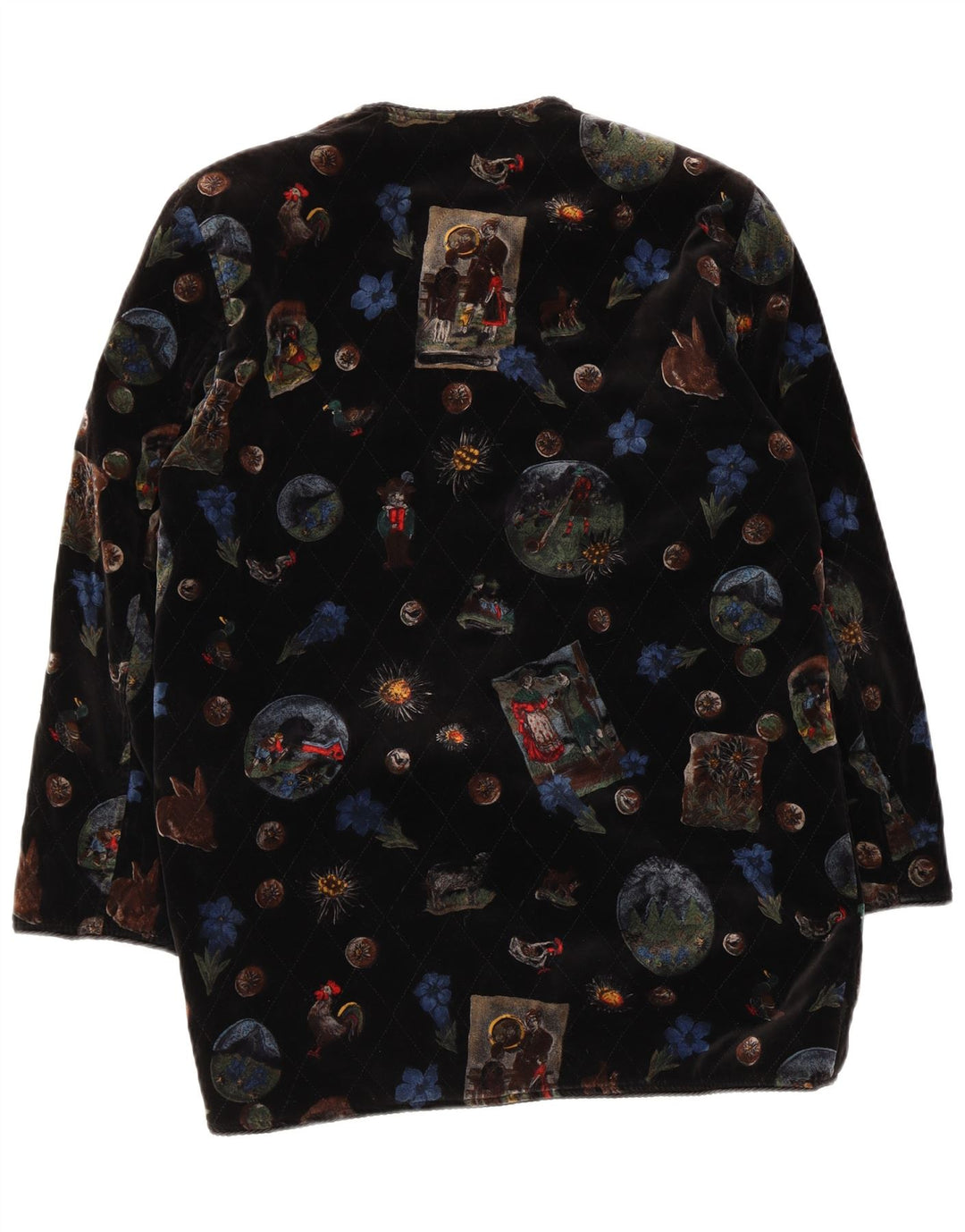 Vintage mujeres gráfico terciopelo abrigo Reino Unido 12 medio negro floral