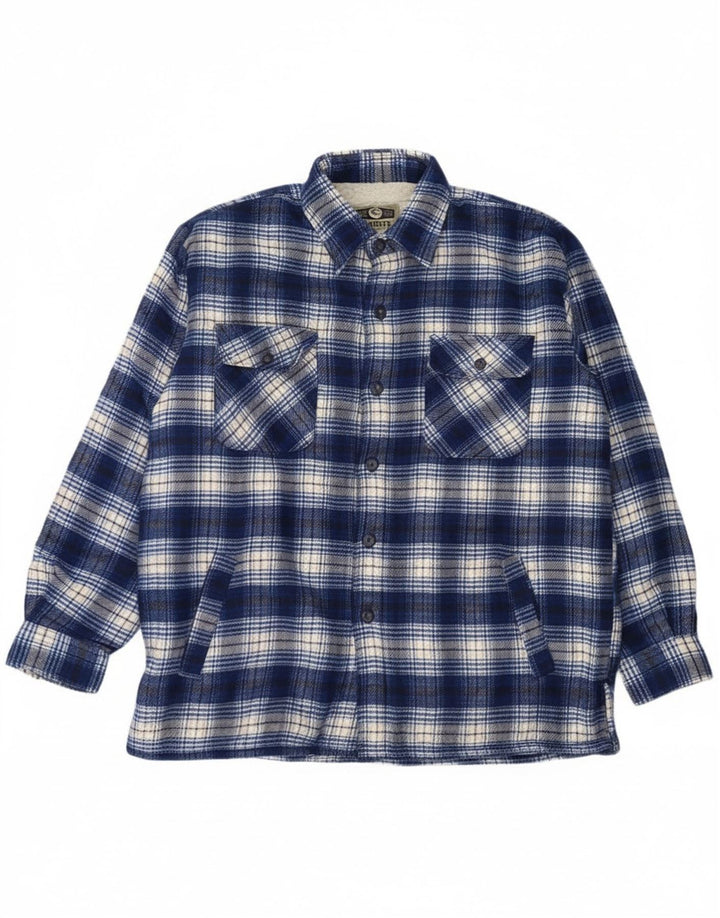 Vintage hombres leñador franela camisa grande azul cheque acrílico
