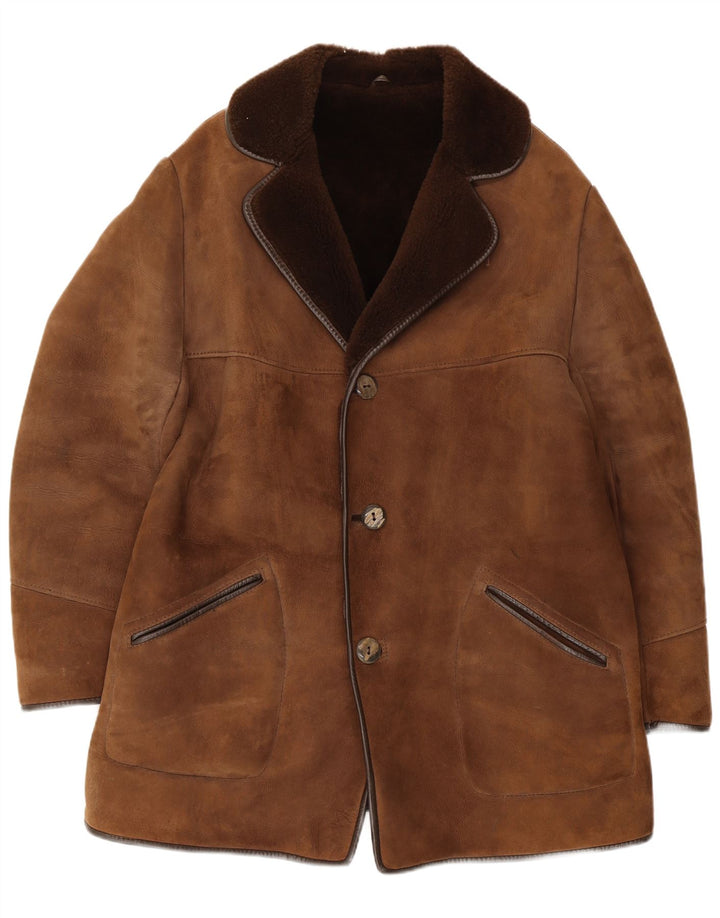Vintage hombres shearling abrigo Reino Unido 36 pequeño marrón
