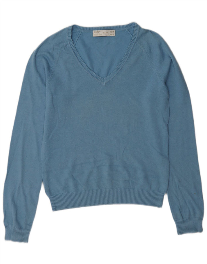 Zara - Jersey con cuello en V para mujer, talla 40, algodón azul medio