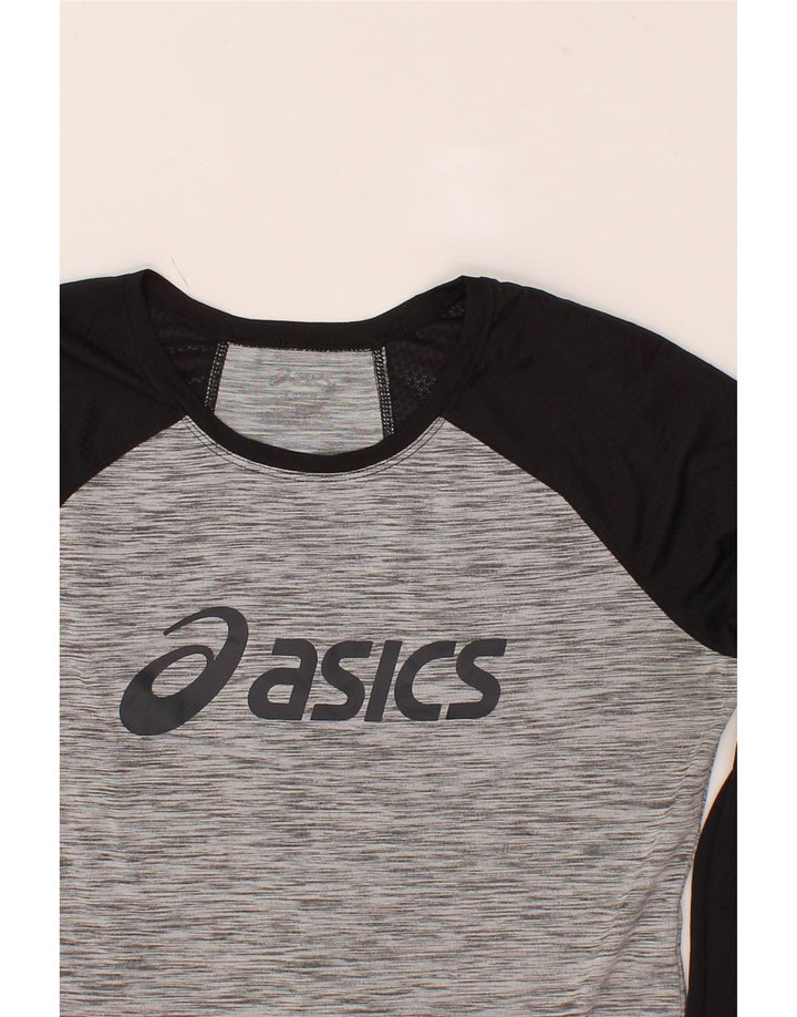 ASICS Womens Graphic Top Long Sleeve UK 14 Medium Grey Colourblock Vintage Asics and Second-Hand Asics from Messina Hembry 