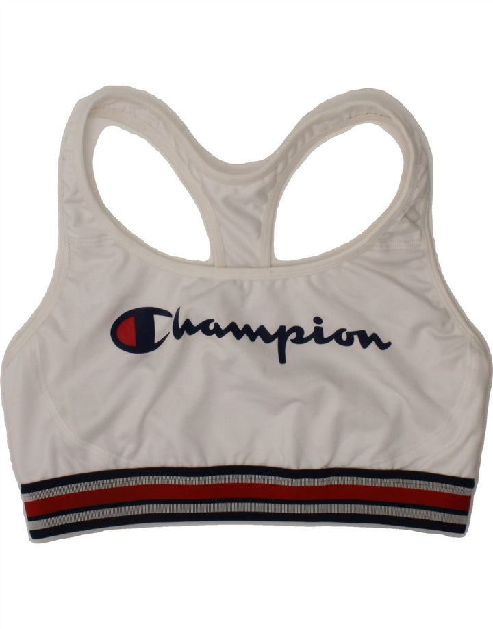CHAMPION Womens Graphic Sport Bra Top UK 14 Large White Polyester Vintage Champion and Second-Hand Champion from Messina Hembry 