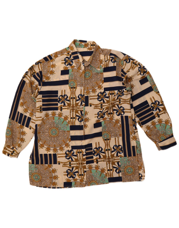 Vintage mujer patrón abstracto camisa de gran tamaño blusa Reino Unido 10 pequeño beige