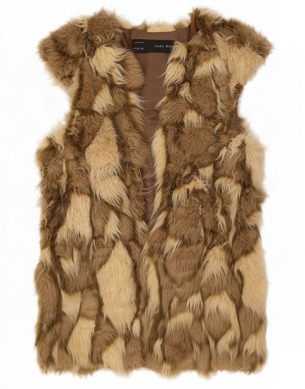 Zara Mujer Chaleco Abierto De Piel Sintética Reino Unido 42 Estampado Animal Beige Medio