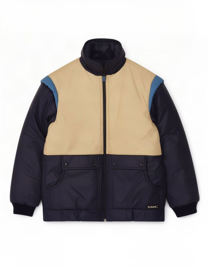 Vintage hombres chaqueta acolchada Reino Unido 36 pequeño azul marino colorblock poliamida