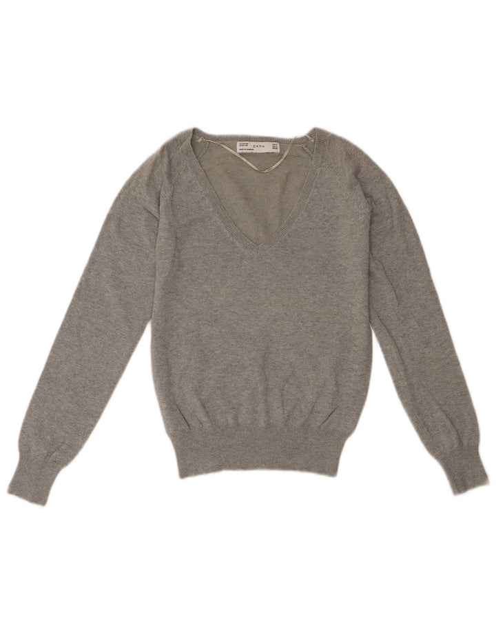 ZARA Mujer Crop V-Cuello Jersey Jersey UK 10 Small Gris Algodón