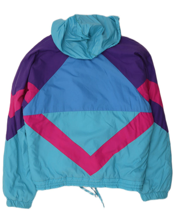 Vintage hombres con capucha chaqueta cortavientos Reino Unido 42 XL azul colorblock poliamida