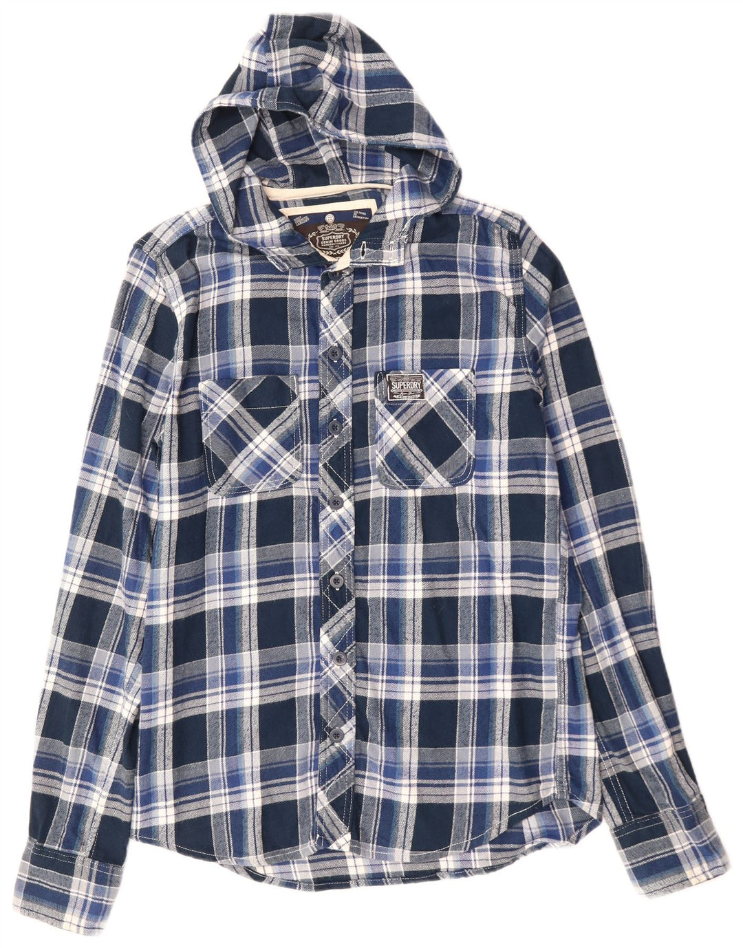SUPERDRY Hombre Camisa De Franela Con Capucha De Algodón A Cuadros Azul Medio