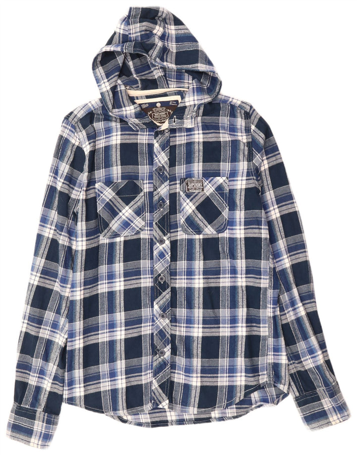 SUPERDRY Hombre Camisa De Franela Con Capucha De Algodón A Cuadros Azul Medio